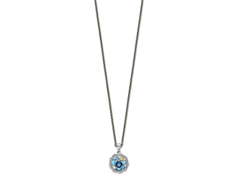 Rhodium Over Sterling Silver with 14K Accent Swiss Blue topaz/London Blue/White Topaz Necklace