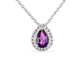 Purple Amethyst Pear shaped Pendant with Moissanite  Sterling Silver Halo Pendant with chain