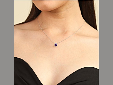 Purple Amethyst Pear shaped Pendant with Moissanite  Sterling Silver Halo Pendant with chain