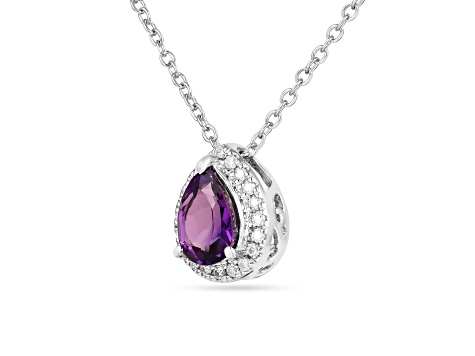 Purple Amethyst Pear shaped Pendant with Moissanite  Sterling Silver Halo Pendant with chain
