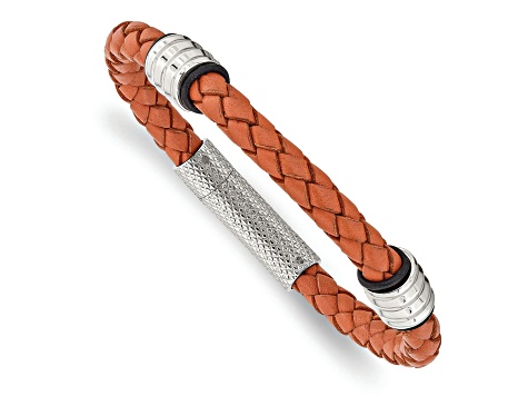 Stainless Steel Polished Orange Leather 8.25-inch Bracelet