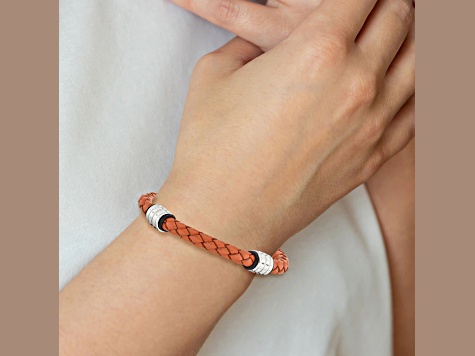 Stainless Steel Polished Orange Leather 8.25-inch Bracelet