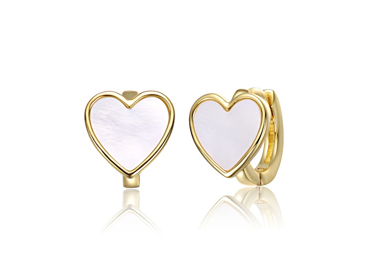 Mother of Pearl, 14k Yellow Gold Plated over Brass Heart Earrings for Kids/Teens
