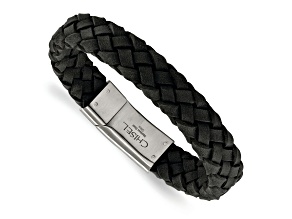 Black Leather and Stainless Steel Brushed 8.25-inch Bracelet