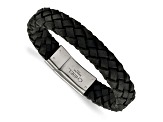 Black Leather and Stainless Steel Brushed 8.25-inch Bracelet