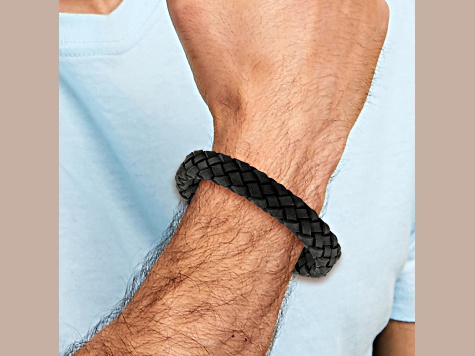 Black Leather and Stainless Steel Brushed 8.25-inch Bracelet