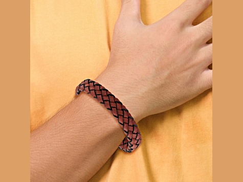 Red Leather and Stainless Steel Brushed 8.25-inch Bracelet