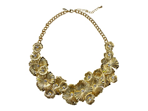 Gold Tone Metal Flower with Crystal Necklace