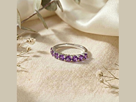 Round Amethyst Sterling Silver Anniversary Style Stackable Band Ring, 0.60ctw