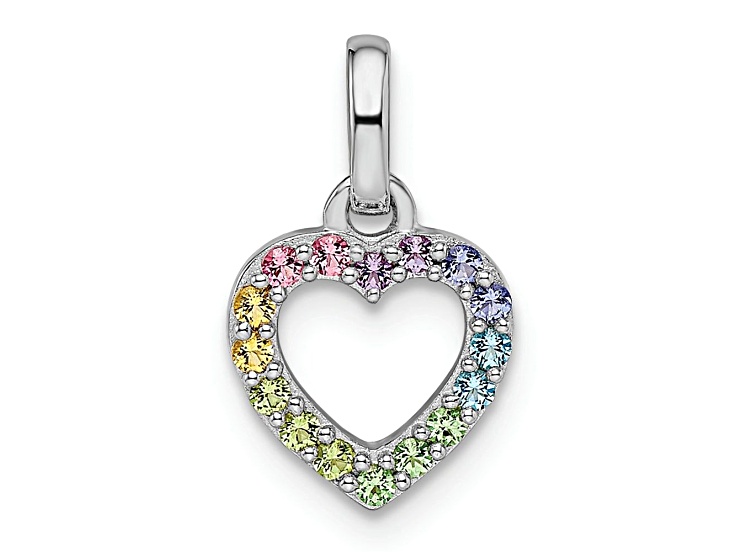 Rhodium Over Sterling Silver Rainbow Nano Crystal Open Heart Pendant