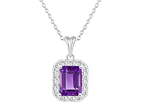 8x6mm Emerald Cut Amethyst and White Topaz Accent Rhodium Over Sterling Silver Halo Pendant w/Chain