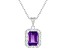 8x6mm Emerald Cut Amethyst and White Topaz Accent Rhodium Over Sterling Silver Halo Pendant w/Chain