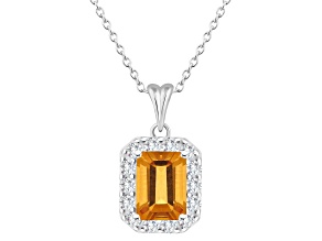 8x6mm Emerald Cut Citrine and White Topaz Accent Rhodium Over Sterling Silver Halo Pendant w/Chain