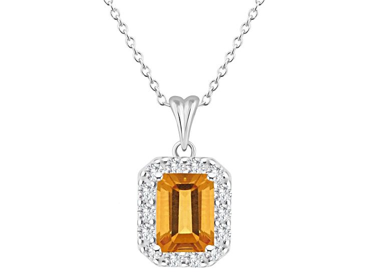 8x6mm Emerald Cut Citrine and White Topaz Accent Rhodium Over Sterling Silver Halo Pendant w/Chain