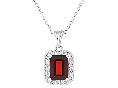 8x6mm Emerald Cut Garnet and White Topaz Accent Rhodium Over Sterling Silver Halo Pendant w/Chain