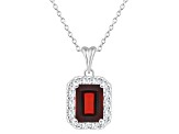 8x6mm Emerald Cut Garnet and White Topaz Accent Rhodium Over Sterling Silver Halo Pendant w/Chain