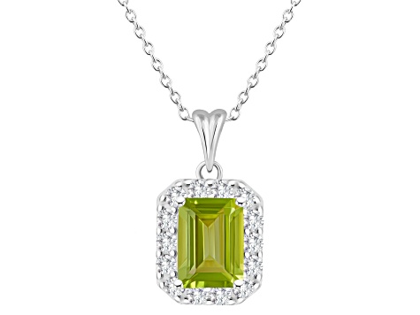 8x6mm Emerald Cut Peridot and White Topaz Accent Rhodium Over Sterling Silver Halo Pendant w/Chain