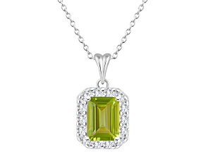 8x6mm Emerald Cut Peridot and White Topaz Accent Rhodium Over Sterling Silver Halo Pendant w/Chain