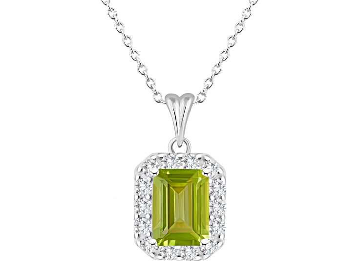 8x6mm Emerald Cut Peridot and White Topaz Accent Rhodium Over Sterling Silver Halo Pendant w/Chain