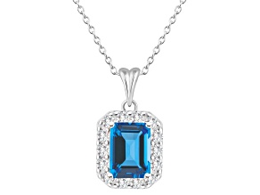 8x6mm Emerald Cut Swiss Blue Topaz and White Topaz Rhodium Over Sterling Silver Halo Pendant w/Chain