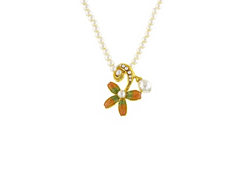 1928 Jewelry Faux Pearl Enamel Flower Pendant with Chain
