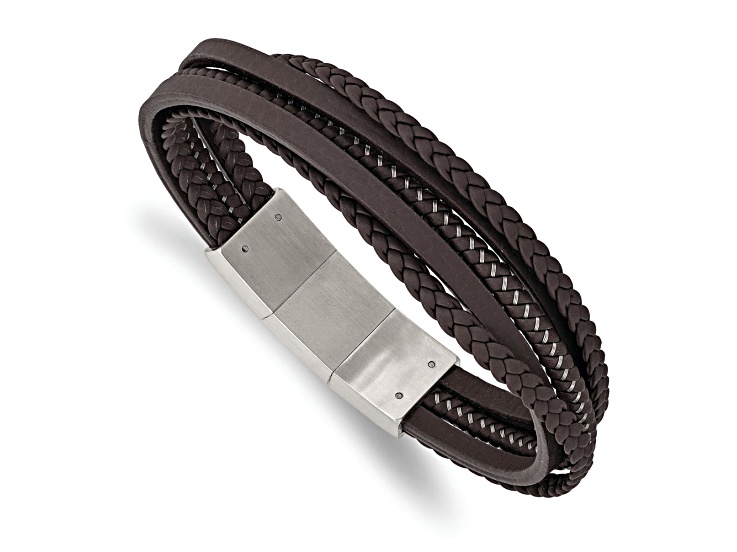 Brown Braided Leather and Stainless Steel Brushed Wire with 0.5-inch Extension Bracelet