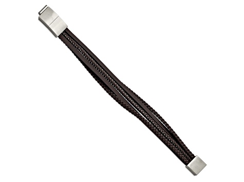 Brown Braided Leather and Stainless Steel Brushed Wire with 0.5-inch Extension Bracelet