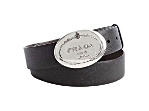 Prada Black Saffiano Leather Engraved Oval Plaque Buckle Belt 110/44