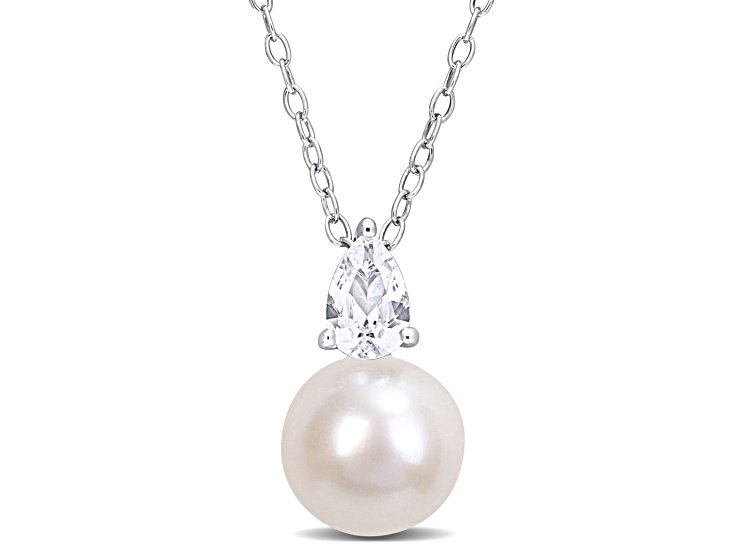 FW Cultured Pearl and 5/8 CT TGW Created White Sapphire Pendant with Chain in Sterling Silver