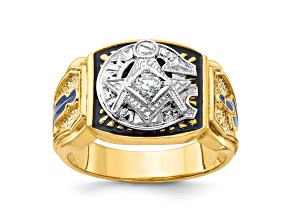 10K Two-tone Yellow and White Gold Men's Enameled and Diamond Blue Lodge Masonic Ring 0.15ctw