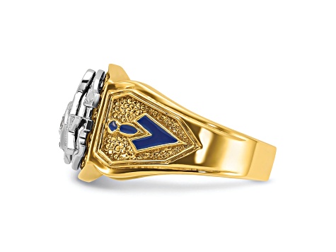 10K Two-tone Yellow and White Gold Men's Enameled and Diamond Blue Lodge Masonic Ring 0.15ctw