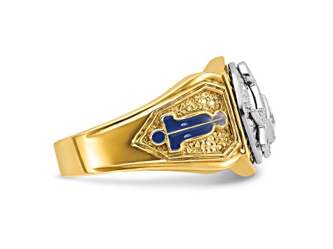 10K Two-tone Yellow and White Gold Men's Enameled and Diamond Blue Lodge Masonic Ring 0.15ctw