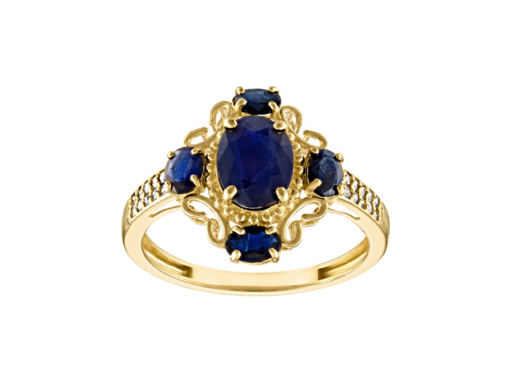 Blue Sapphire and White Diamond 10K Yellow Gold Ring 2.27ctw