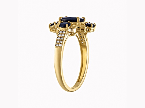 Blue Sapphire and White Diamond 10K Yellow Gold Ring 2.27ctw