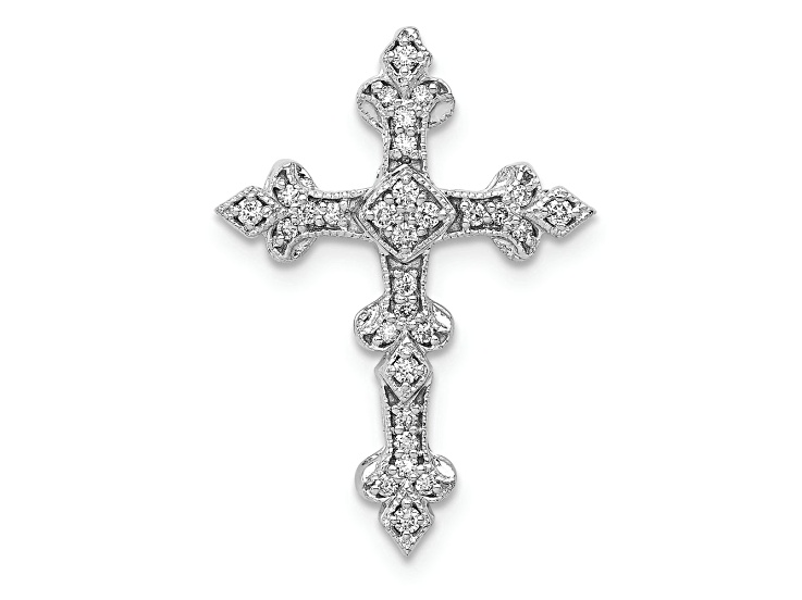 Rhodium Over 14k White Gold Diamond Filigree Cross Chain Slide Pendant