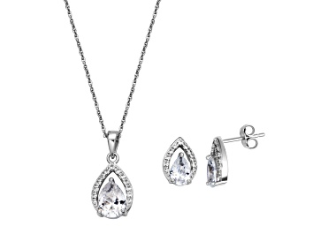 Picture of White Lab Created Sapphire Rhodium Over Sterling Silver Earrings & Pendant With Chain Set 2.42ctw