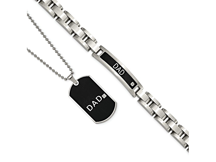 Stainless Steel Black Ion Plated DAD 8.75-inch Bracelet and 24-inch Necklace Set