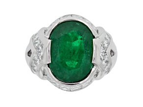 Oval Green Emerald and White Diamond Platinum Ring. 10.10 CTW