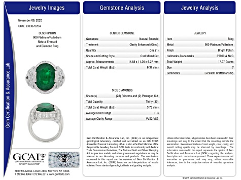 Oval Green Emerald and White Diamond Platinum Ring. 10.10 CTW