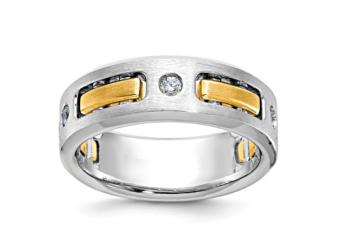 10K Two-tone Yellow and White Gold Men's Polished and Satin Diamond Ring 0.15ctw