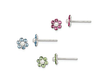 Picture of Sterling Silver Crystal and Imitation Pearl Flower Post Earring Set