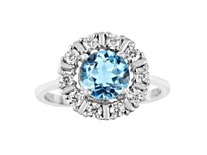 Blue Topaz with Moissanite Accents Sterling Silver Halo Ring
