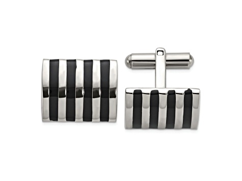 Stainless Steel Polished with Black Enamel Stripes Cuff Links