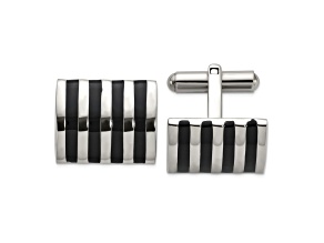 Stainless Steel Polished with Black Enamel Stripes Cuff Links