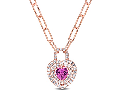 1 3/4 CT TGW Created Pink and Created White Sapphire Halo Necklace in Rose Plated Sterling Silver