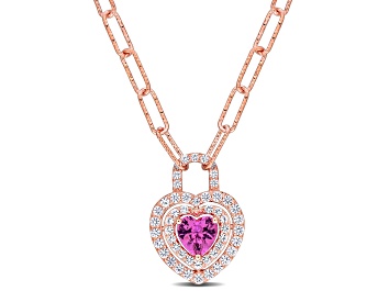 Picture of 1 3/4 CT TGW Created Pink and Created White Sapphire Halo Necklace in Rose Plated Sterling Silver