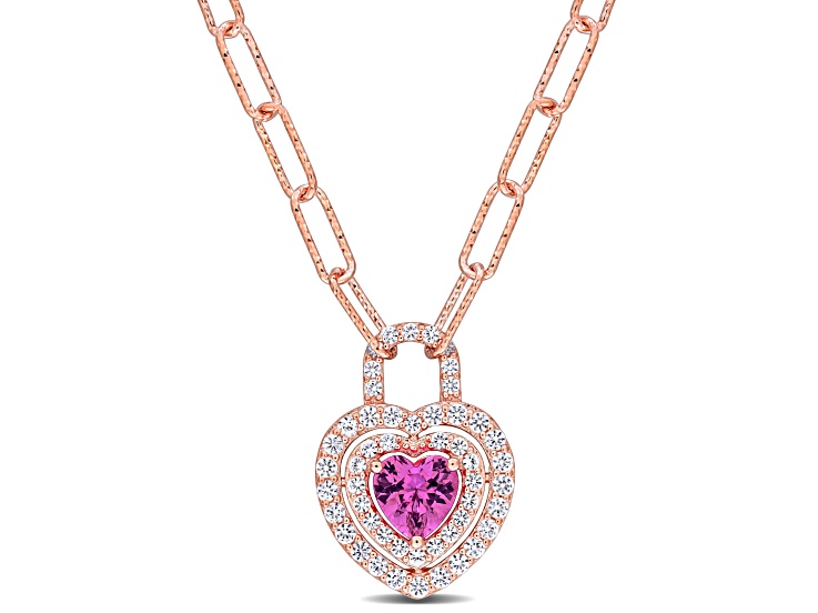 1 3/4 CT TGW Created Pink and Created White Sapphire Halo Necklace in Rose Plated Sterling Silver