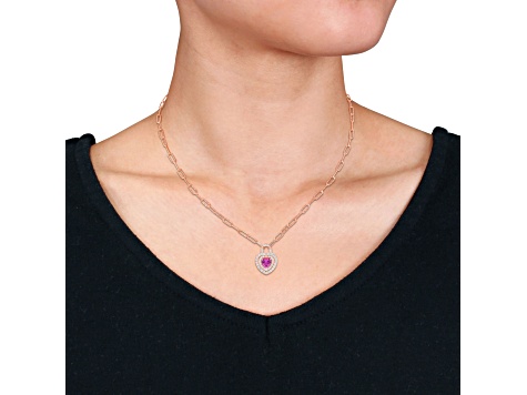 1 3/4 CT TGW Created Pink and Created White Sapphire Halo Necklace in Rose Plated Sterling Silver