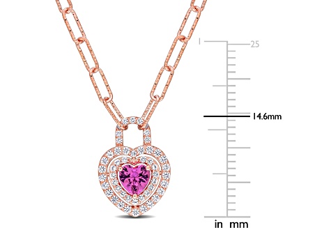 1 3/4 CT TGW Created Pink and Created White Sapphire Halo Necklace in Rose Plated Sterling Silver