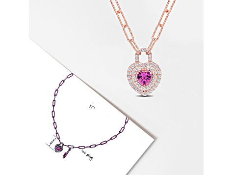 1 3/4 CT TGW Created Pink and Created White Sapphire Halo Necklace in Rose Plated Sterling Silver